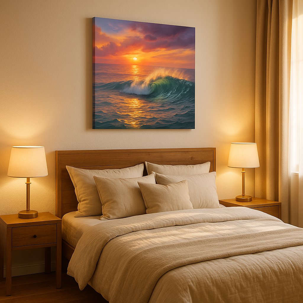 Ember Tide Reverie II coastal canvas wall art displayed above a bed in a styled bedroom scene