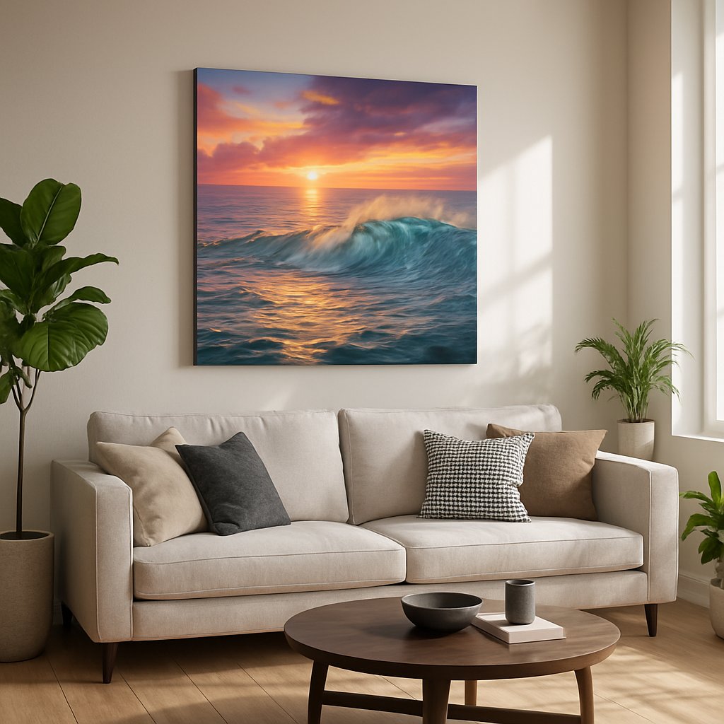 Ember Tide Reverie II coastal canvas wall art displayed above a sofa in a styled living room scene