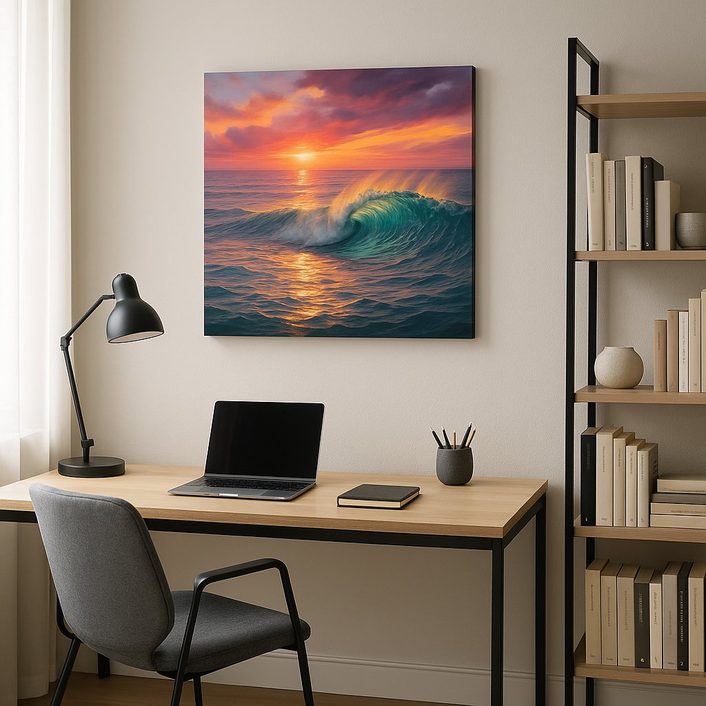 Ember Tide Reverie II coastal canvas wall art displayed above a bed in a contemporary bedroom