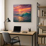 Ember Tide Reverie II coastal canvas wall art displayed above a bed in a contemporary bedroom