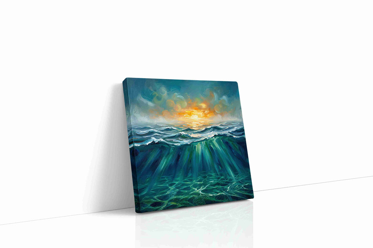 Ember Tide Reverie III coastal canvas wall art displayed above a bed in a contemporary bedroom