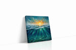 Ember Tide Reverie III coastal canvas wall art displayed above a bed in a contemporary bedroom