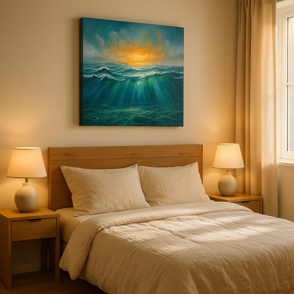 Ember Tide Reverie III coastal canvas wall art displayed above a bed in a styled bedroom scene
