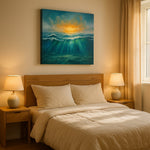 Ember Tide Reverie III coastal canvas wall art displayed above a bed in a styled bedroom scene