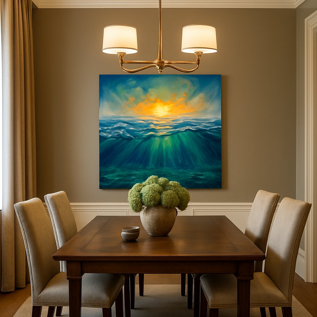Ember Tide Reverie III coastal canvas wall art shown hanging in a sleek modern interior