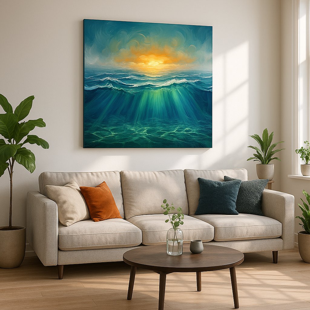 Ember Tide Reverie III coastal canvas wall art displayed above a sofa in a styled living room scene