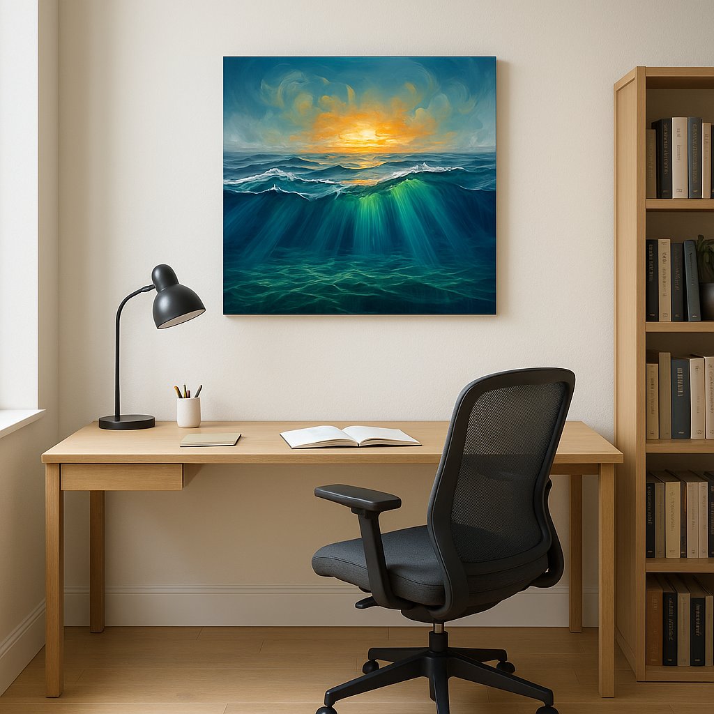 Ember Tide Reverie III coastal canvas wall art displayed above a sofa in a modern living room