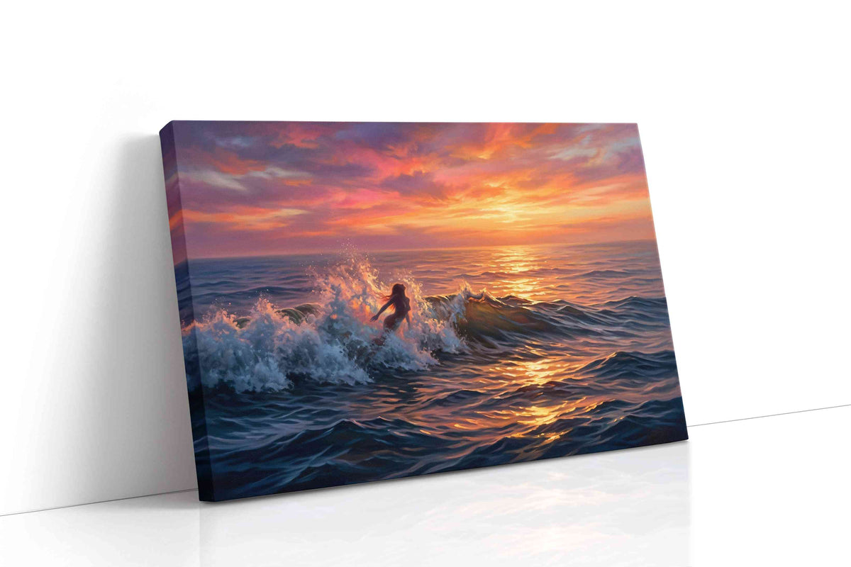 Ember Tide Siren coastal canvas wall art displayed above a sofa in a modern living room