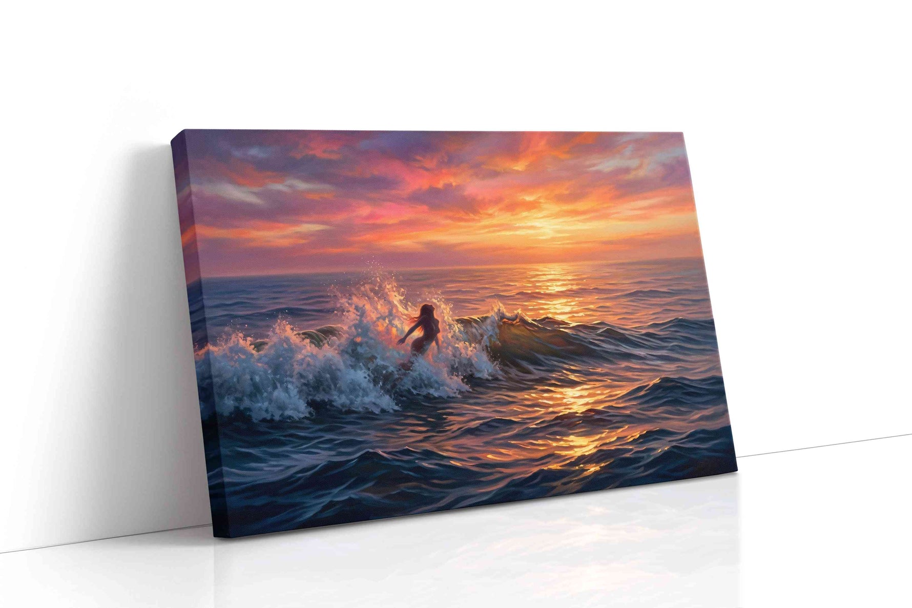 Ember Tide Siren coastal canvas wall art displayed above a sofa in a modern living room