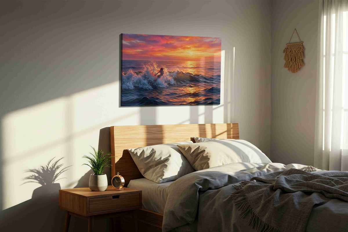 Ember Tide Siren coastal canvas wall art displayed above a bed in a styled bedroom scene