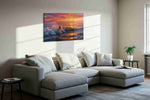 Ember Tide Siren coastal canvas wall art displayed above a bed in a contemporary bedroom