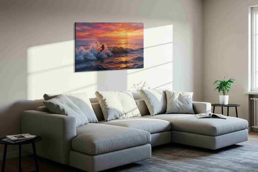 Ember Tide Siren coastal canvas wall art displayed above a bed in a contemporary bedroom
