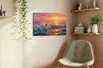 Ember Tide Siren coastal canvas wall art displayed above a sofa in a styled living room scene