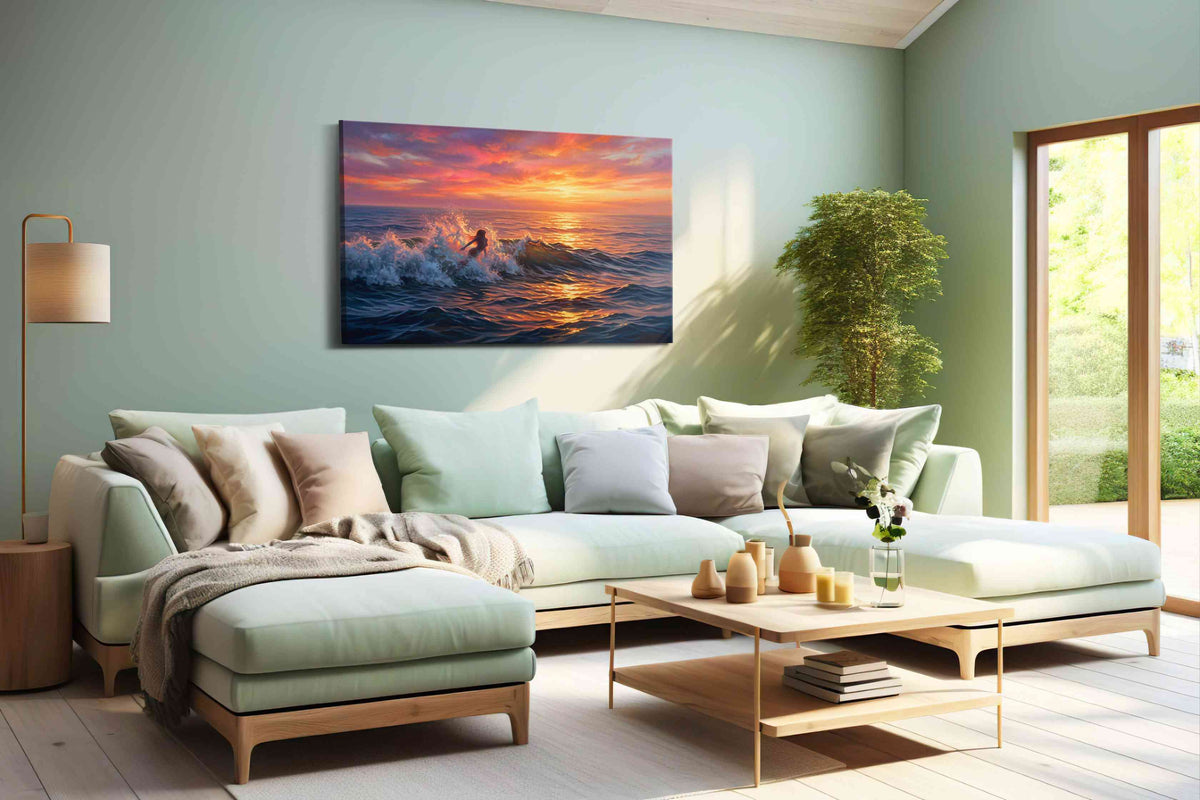 Ember Tide Siren coastal canvas wall art shown hanging in a styled interior