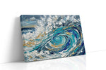 Gilded Tempest Spiral coastal canvas wall art displayed above a sofa in a modern living room