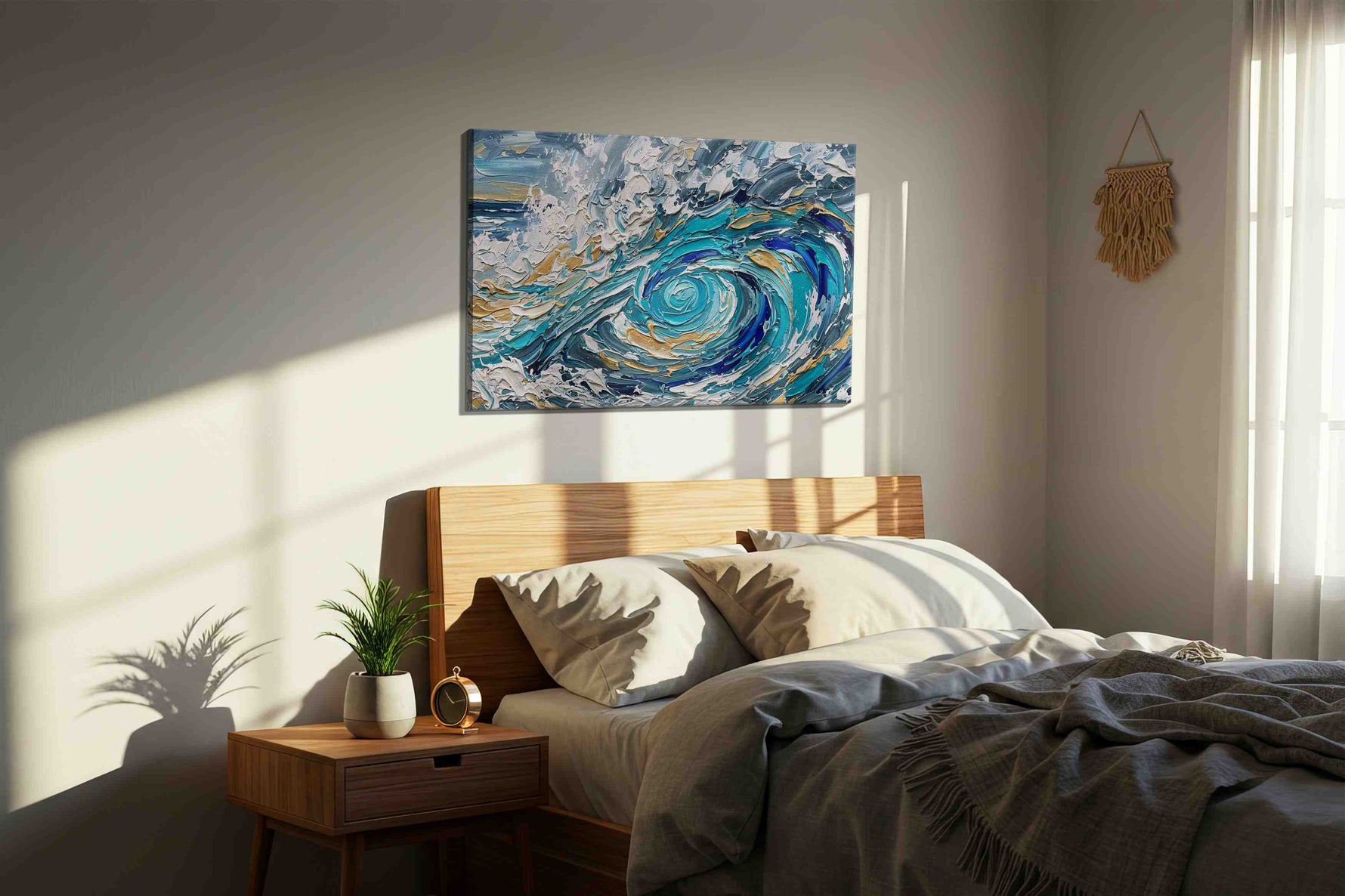 Gilded Tempest Spiral coastal canvas wall art displayed above a bed in a styled bedroom scene