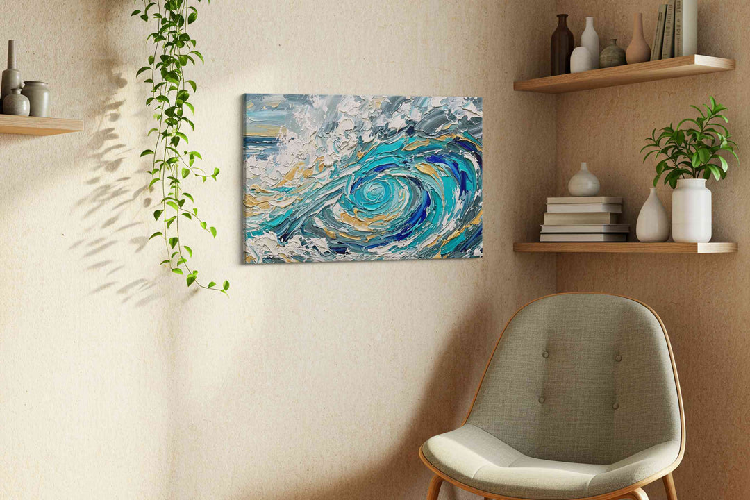 Gilded Tempest Spiral - Coastal Wall Art, Ocean Canvas Print, Beach House Decor