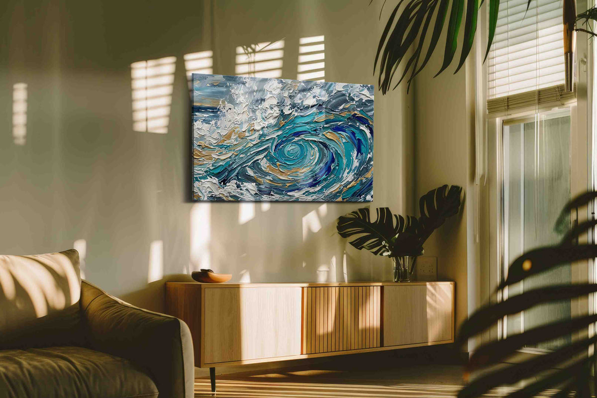 Gilded Tempest Spiral coastal canvas wall art in a contemporary interior mockup