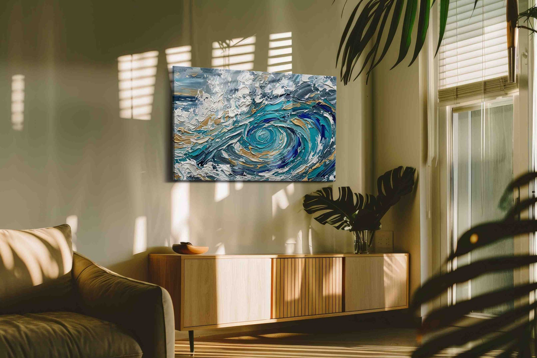 Gilded Tempest Spiral coastal canvas wall art in a contemporary interior mockup