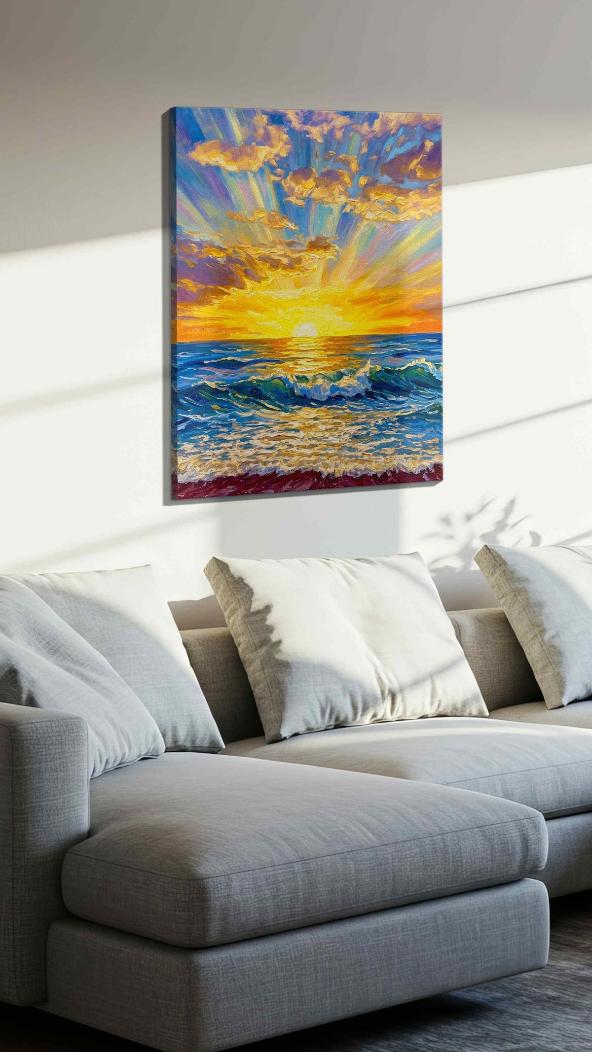 Gilded Tide Ascension coastal canvas wall art displayed above a sofa in a styled living room scene