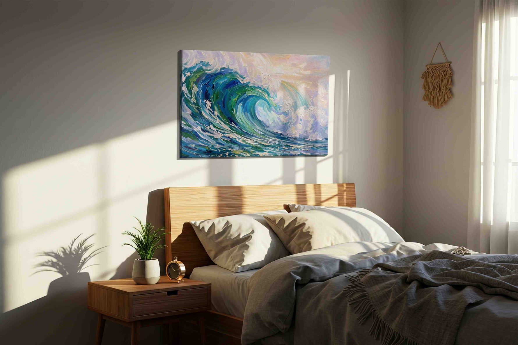 Seafoam Rapture coastal canvas wall art displayed above a bed in a styled bedroom scene
