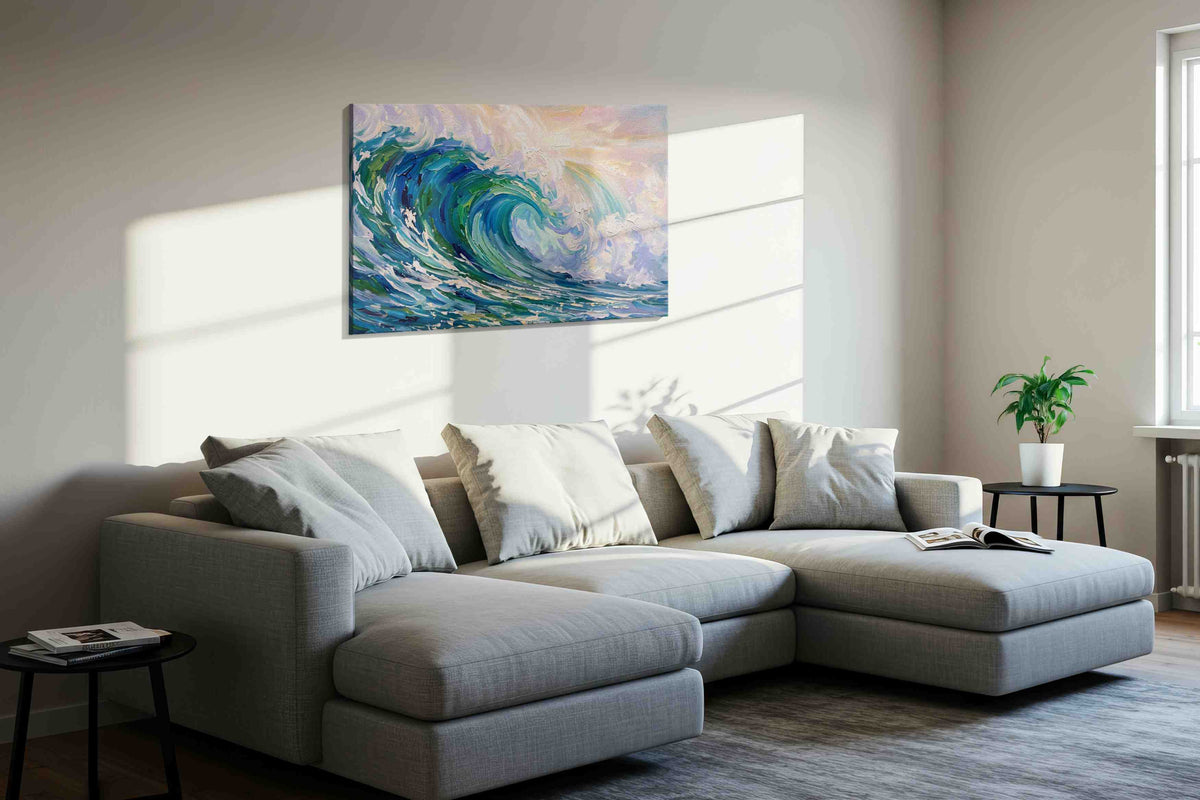 Seafoam Rapture coastal canvas wall art displayed above a sofa in a styled living room scene
