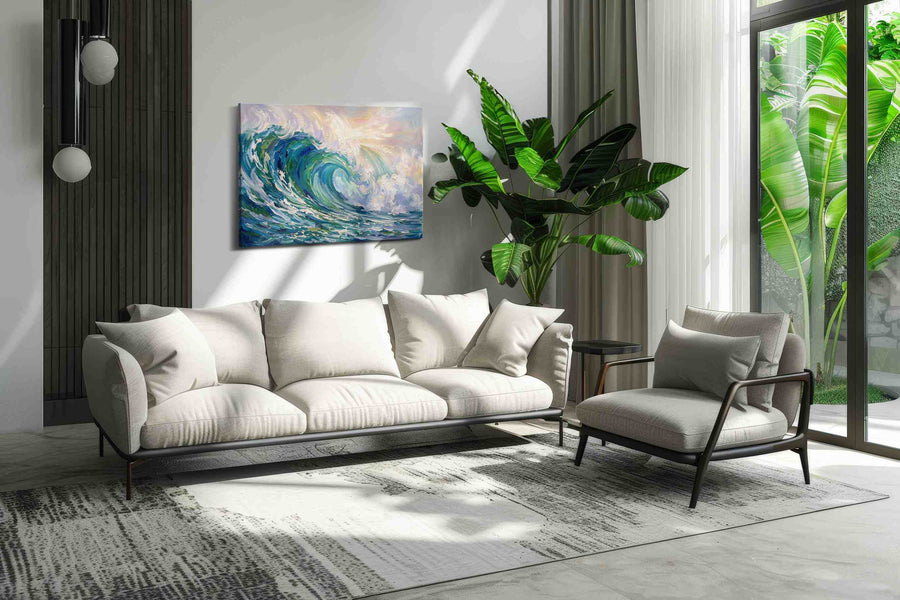 Seafoam Rapture coastal canvas wall art in a modern interior mockup
