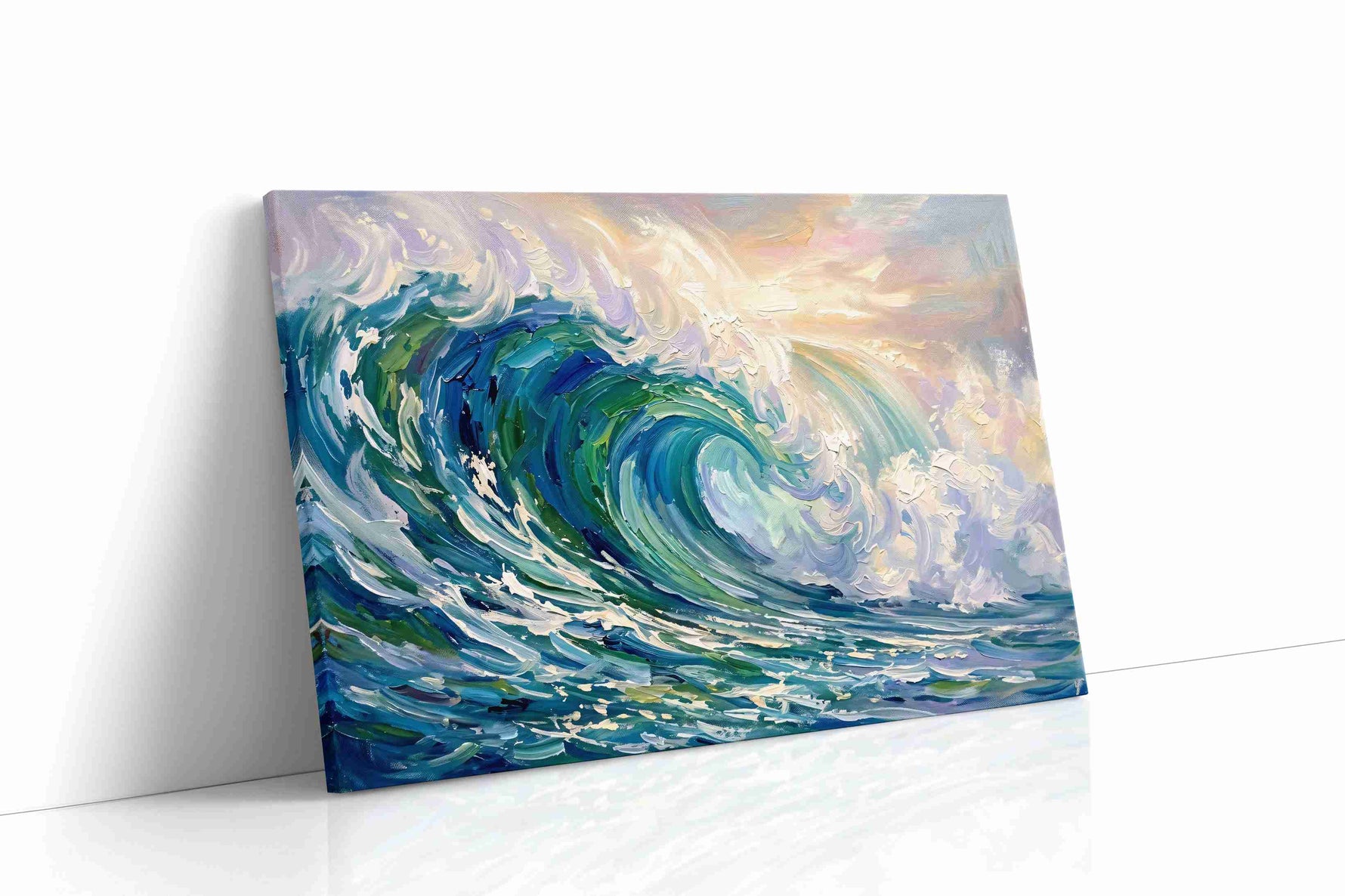 Seafoam Rapture coastal canvas wall art displayed above a sofa in a modern living room