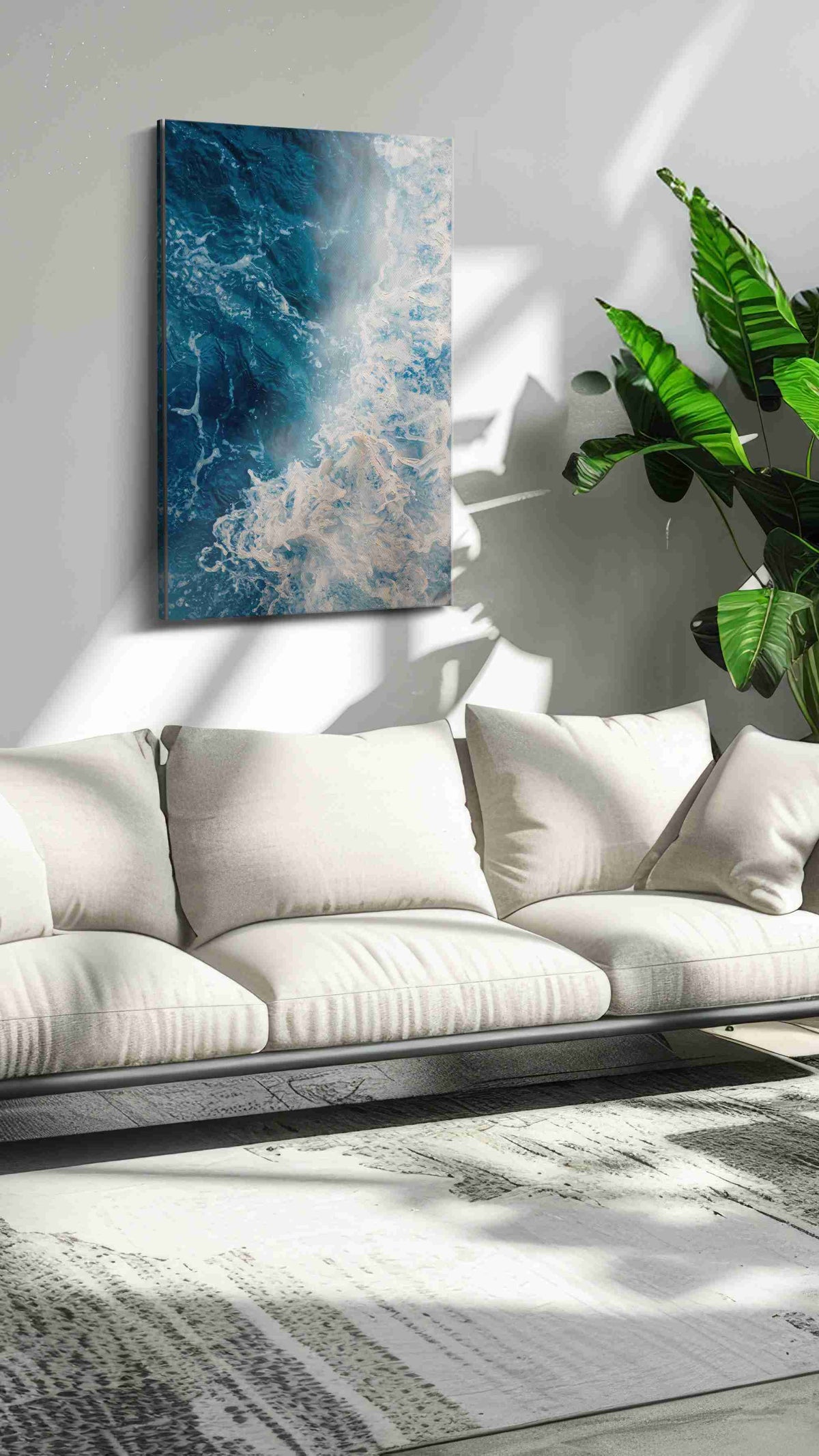Where Foam Meets Midnight coastal canvas wall art shown hanging in a sleek modern interior