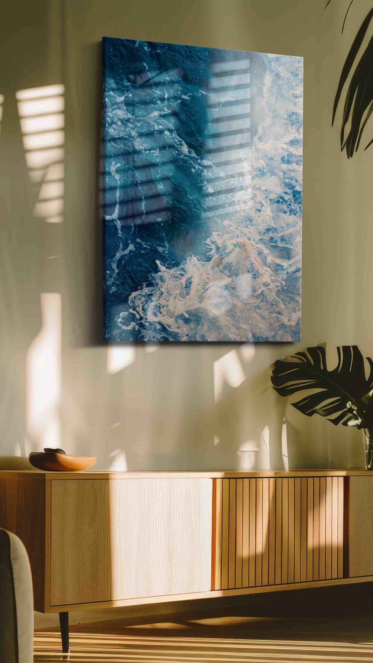 Where Foam Meets Midnight coastal canvas wall art shown hanging in a styled interior