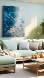 Where Foam Meets Midnight coastal canvas wall art displayed above a bed in a contemporary bedroom