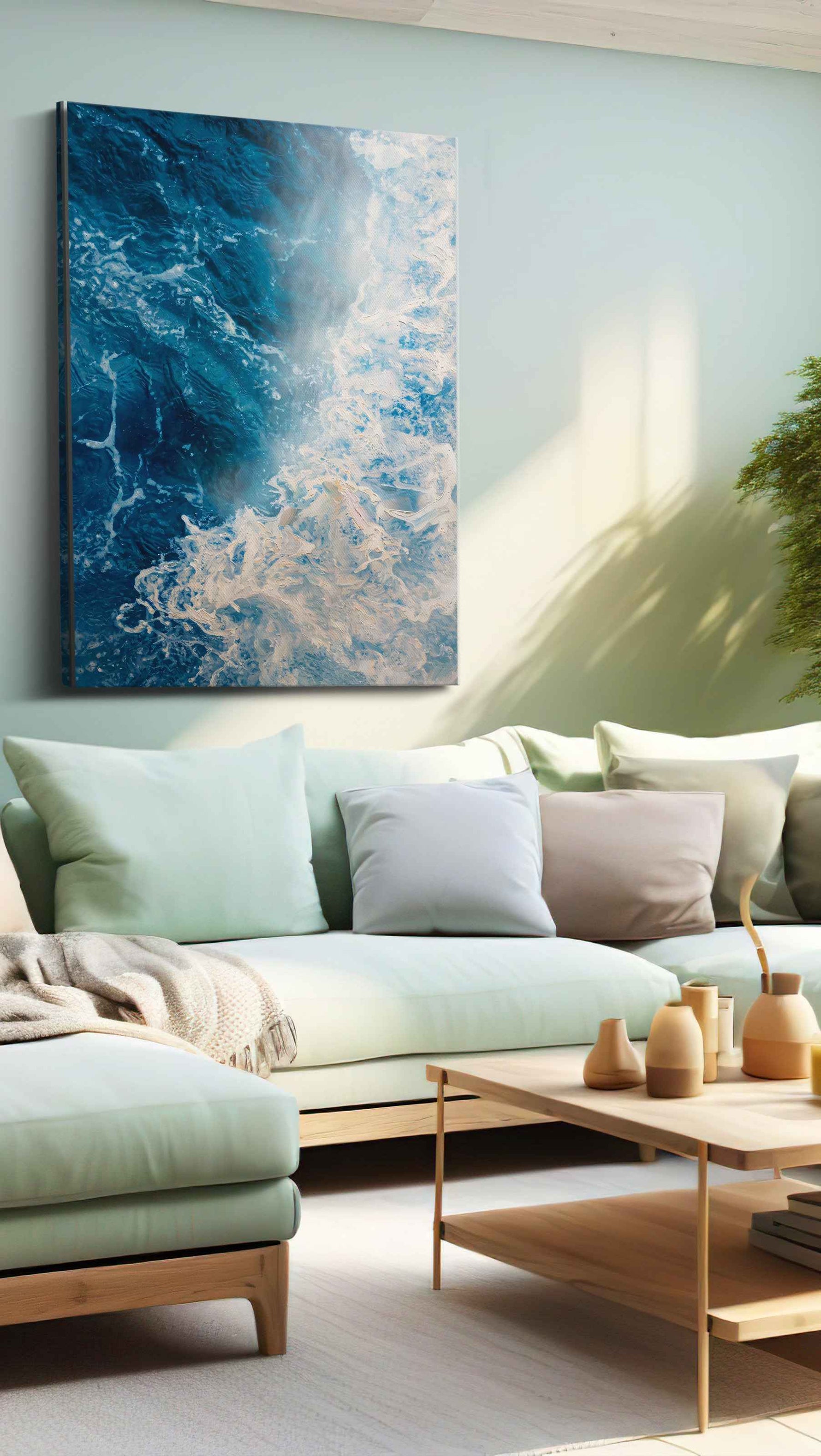 Where Foam Meets Midnight coastal canvas wall art displayed above a bed in a contemporary bedroom
