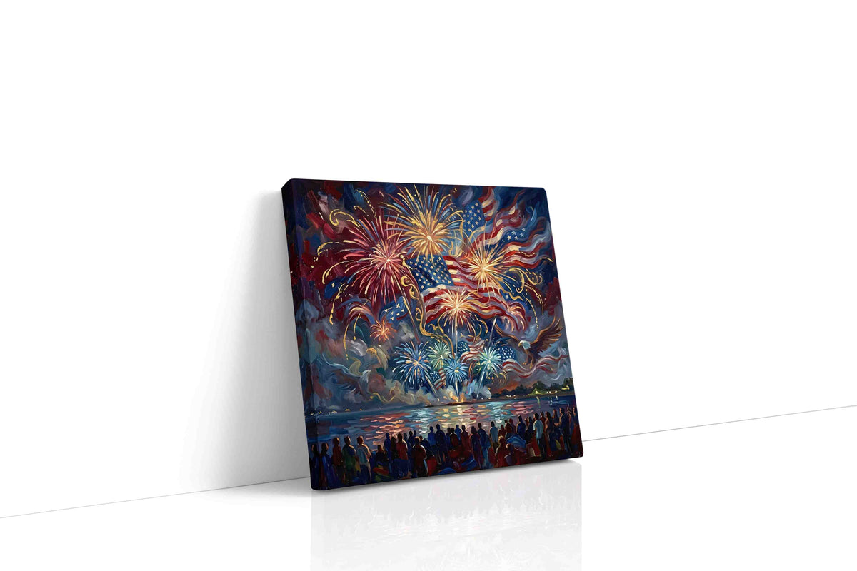 Embers of Liberty Tide canvas wall art displayed above a sofa in a modern living room