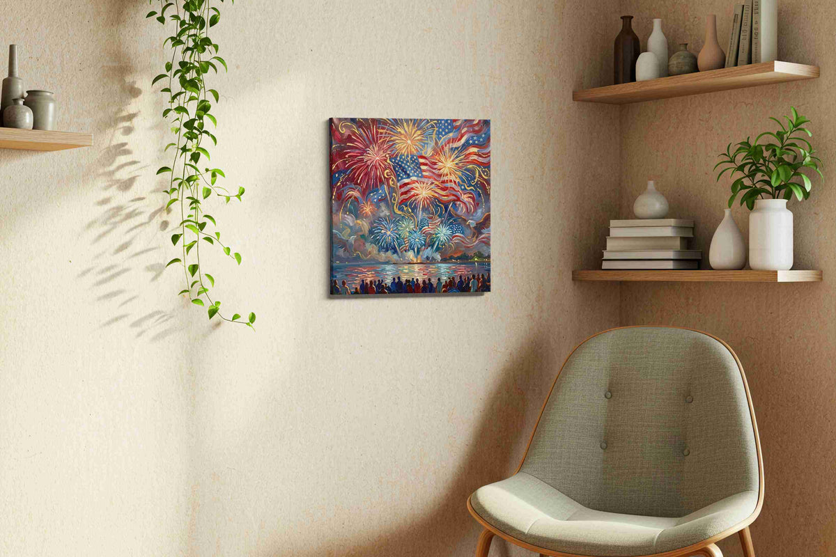 Embers of Liberty Tide canvas wall art styled in a living room