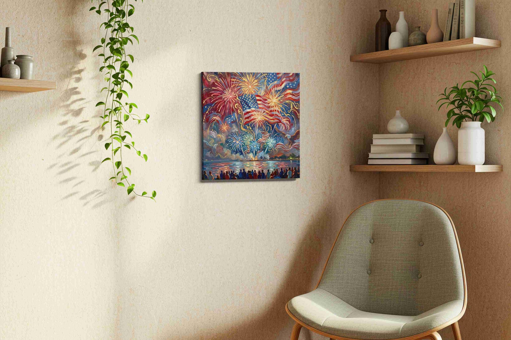 Embers of Liberty Tide canvas wall art styled in a living room