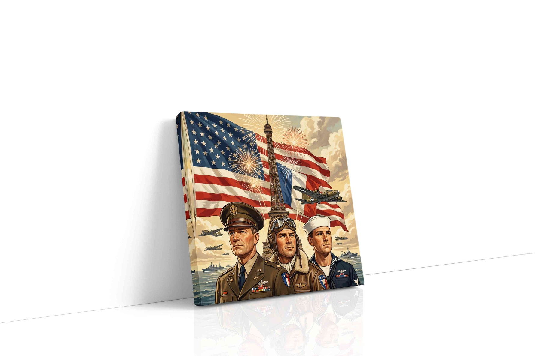 Liberty Over Paris Skies canvas wall art displayed above a sofa in a modern living room