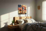 Liberty Over Paris Skies canvas wall art displayed above a bed in a styled bedroom scene