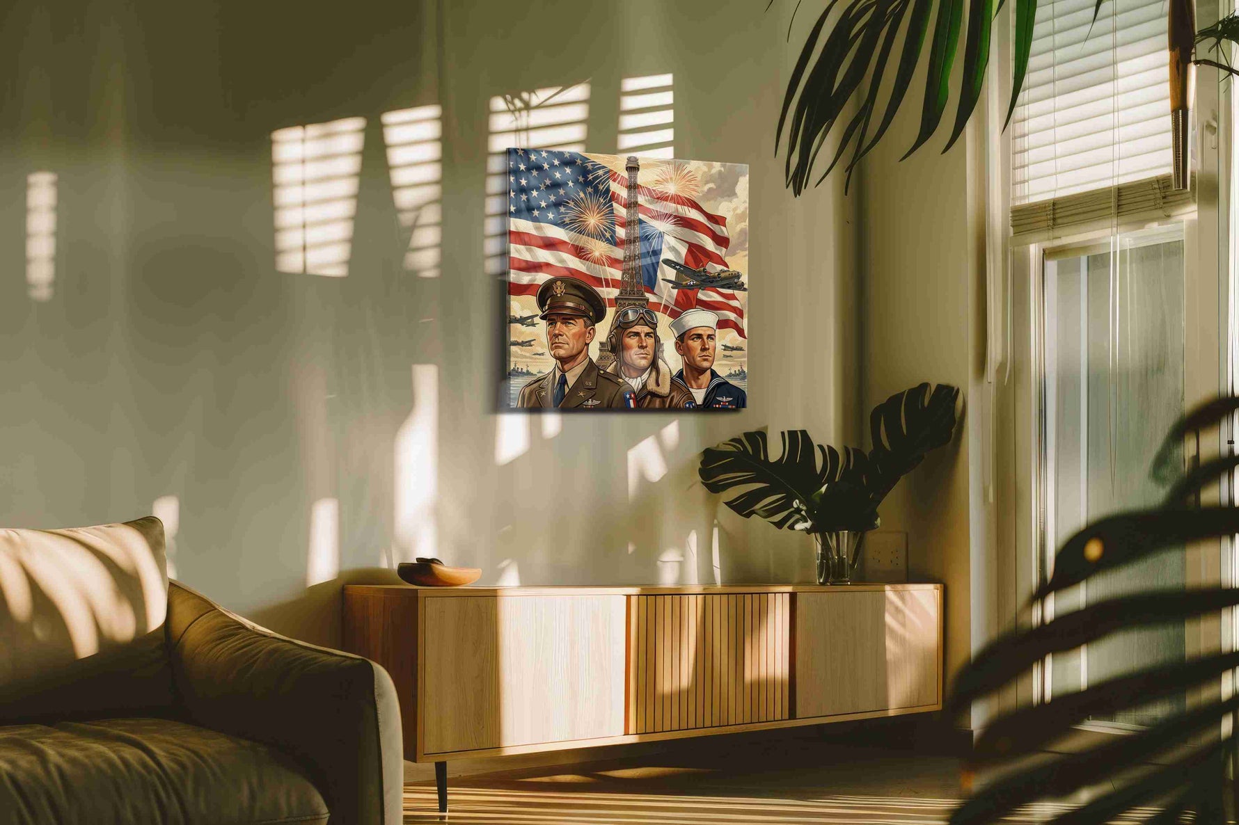 Liberty Over Paris Skies canvas wall art displayed above a bed in a contemporary bedroom