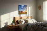 Prairie Sky Jubilee canvas wall art displayed above a bed in a styled bedroom scene