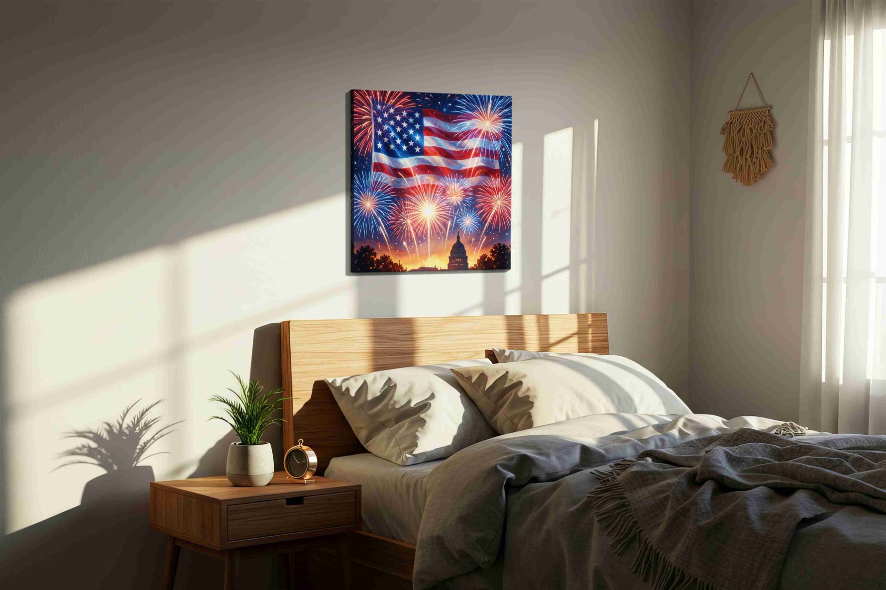 Stars Over Liberty's Dawn canvas wall art displayed above a bed in a styled bedroom scene