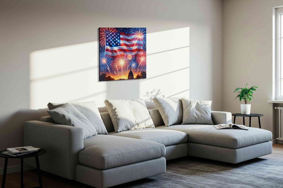 Stars Over Liberty's Dawn - Patriotic Wall Art, American Flag Canvas, USA Decor