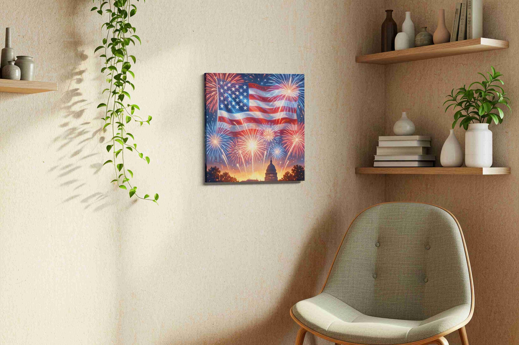 Stars Over Liberty's Dawn canvas wall art styled in a living room