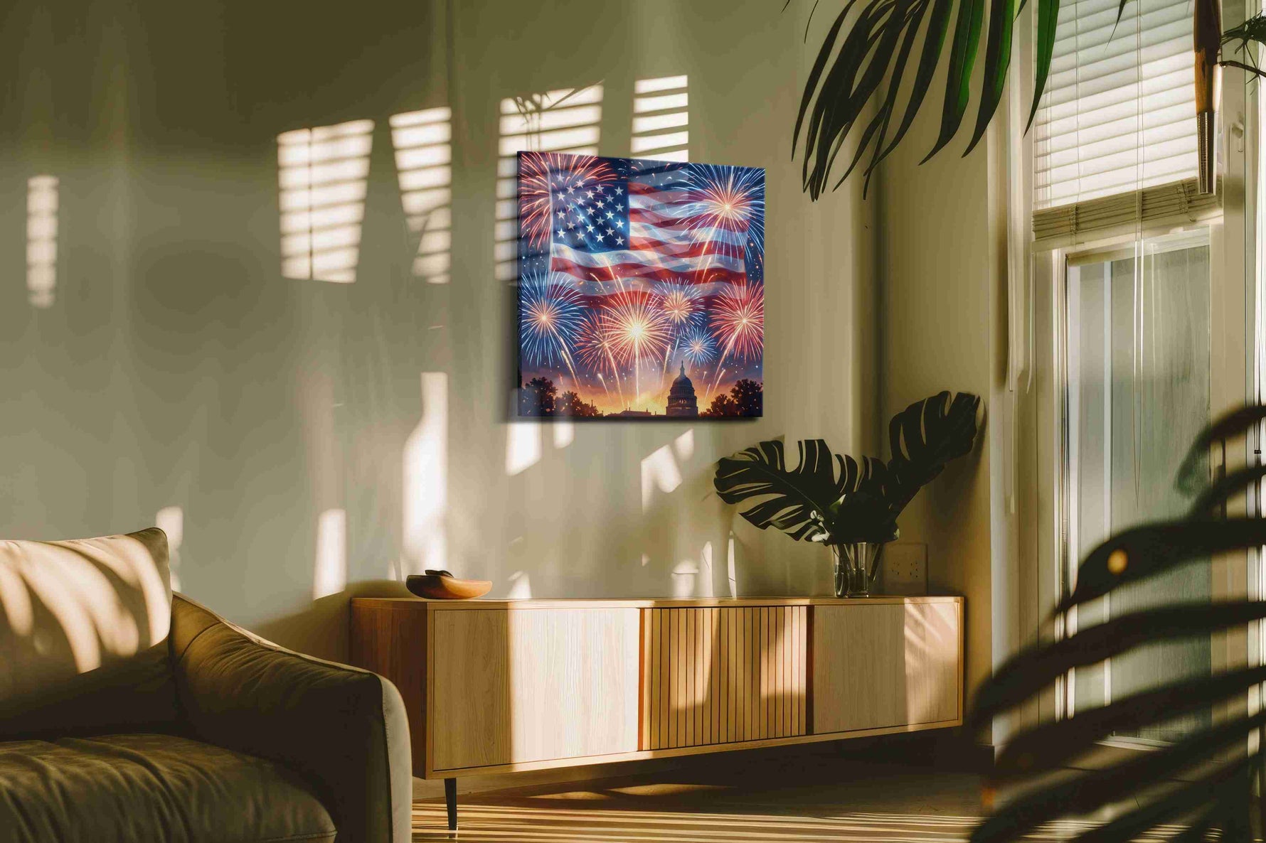 Stars Over Liberty's Dawn canvas wall art shown hanging in a styled interior