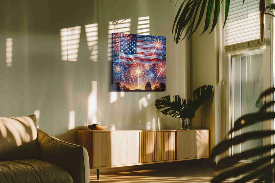Stars Over Liberty's Dawn canvas wall art shown hanging in a styled interior