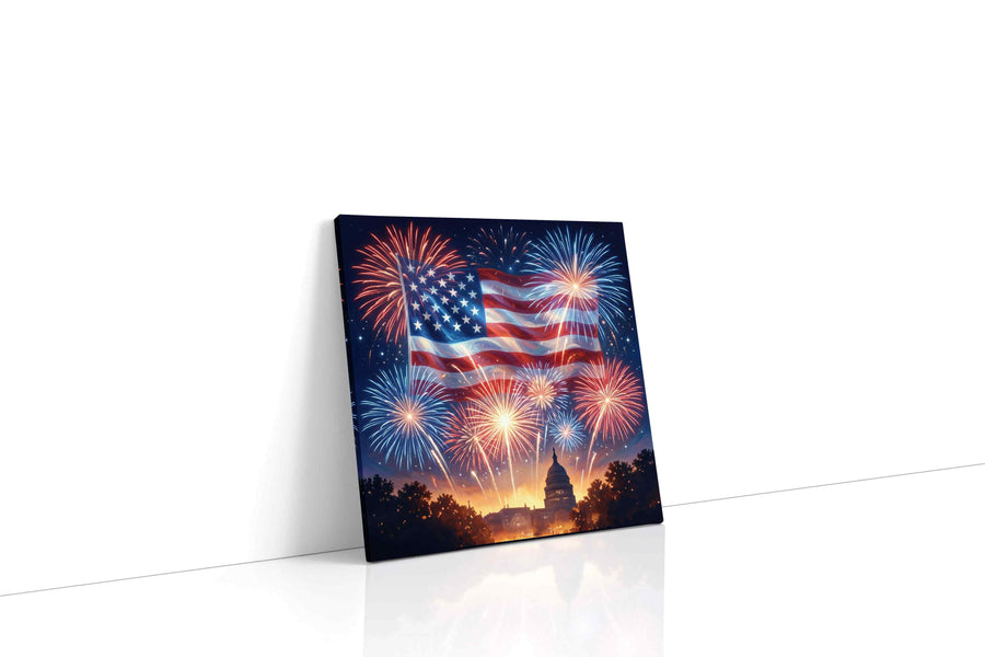 Stars Over Liberty's Dawn canvas wall art displayed above a sofa in a modern living room