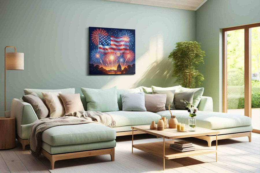 Stars Over Liberty's Dawn canvas wall art shown hanging in a sleek modern interior
