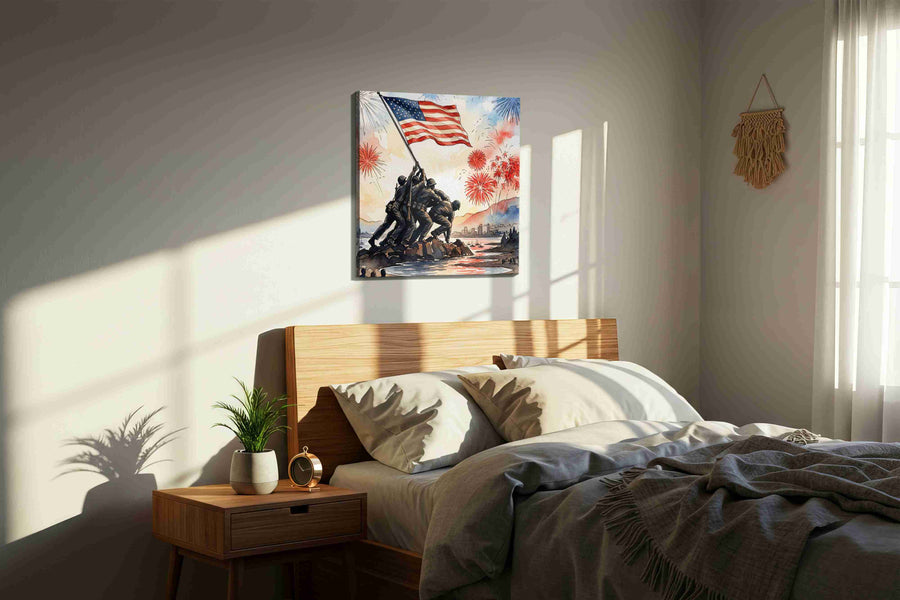 Stars Over Valor Bay canvas wall art displayed above a bed in a styled bedroom scene