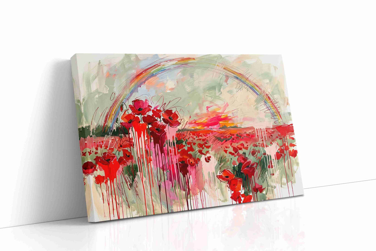 Crimson Bloom After the Storm poppy canvas wall art displayed above a bed in a contemporary bedroom
