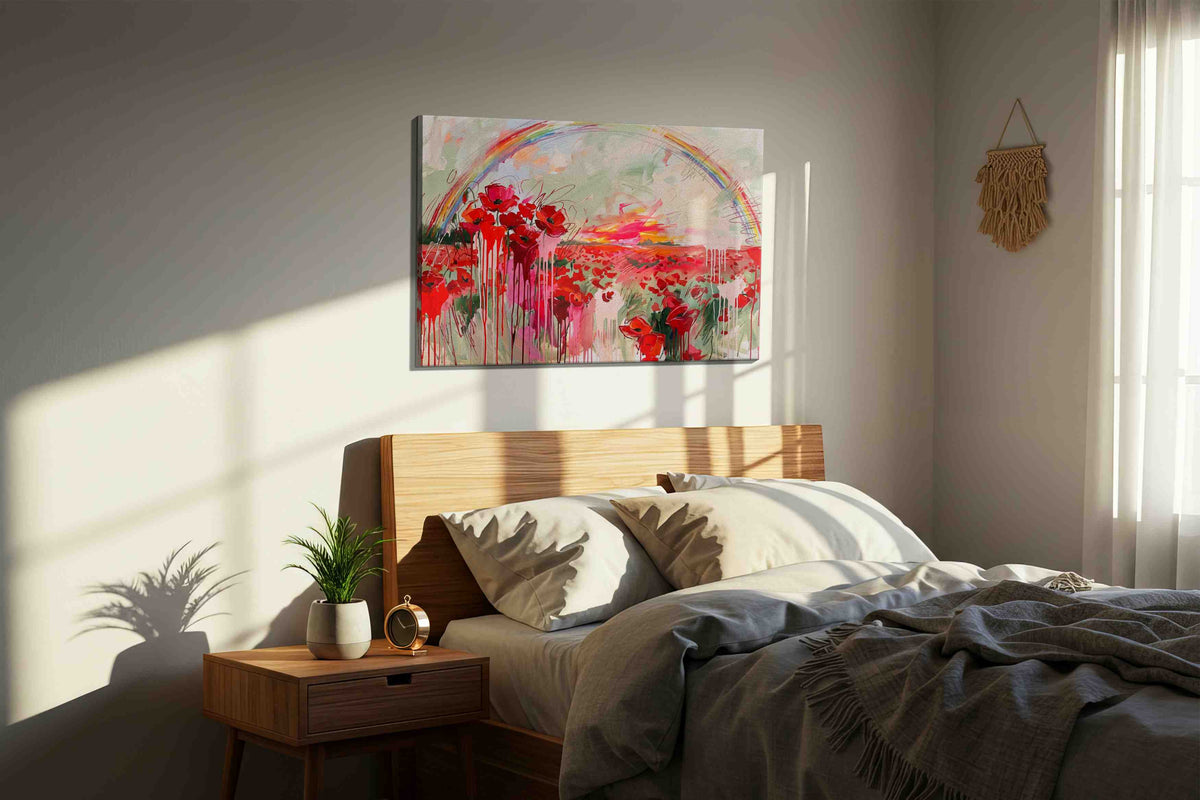 Crimson Bloom After the Storm poppy canvas wall art displayed above a bed in a styled bedroom scene