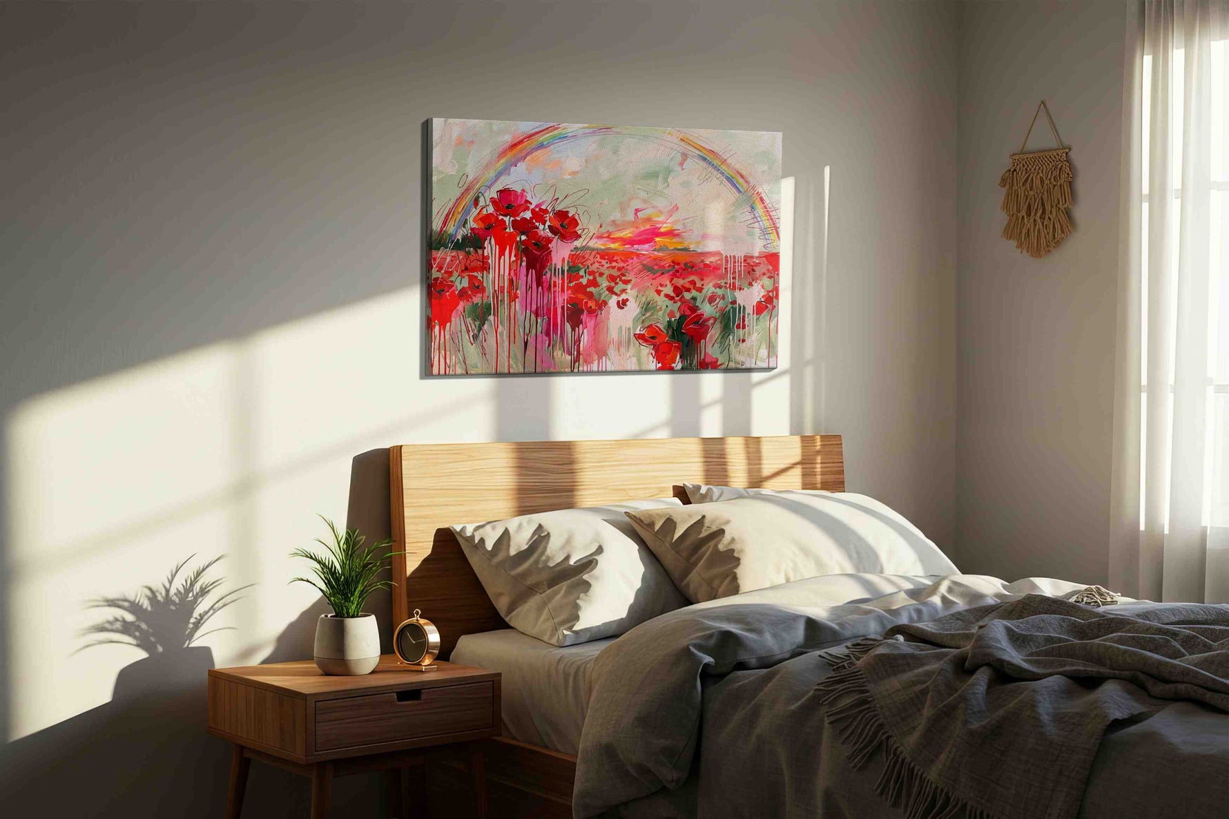 Crimson Bloom After the Storm poppy canvas wall art displayed above a bed in a styled bedroom scene